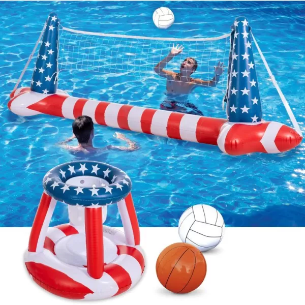 Inflatable Pool Floats Set American Flag Volleyball Net ampamp Basketball Hoops Swimming Pool Game Toy for Kids and Adults Floating Volleyball Court 105x28x35Basketball 27x23x27 Red White