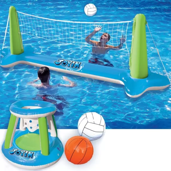 Inflatable Volleyball Net ampamp Basketball Hoops Pool Float Set Balls Included for Kids and Adults Summer Pool Game Floaties Volleyball Court 105x28x35Basketball 27x23x27Green