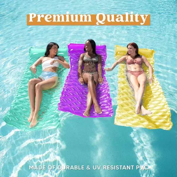 Sloosh 3 Pack Inflatable Pool Mat Swimming Pool Mattress Float Lounge with Headrest Pool Float Air Mat for Adults 64x32 inchGreenPurpleYellow