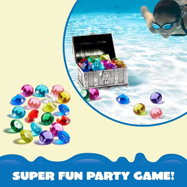 Sloosh Diving Gems Pool Toys 16 Big Colorful Diamond with Pirate Treasure Chest Swim Dive Toy for Kids Underwater Gemstone Swimming Training Gift Water Toys Pool GamesSilverSilver