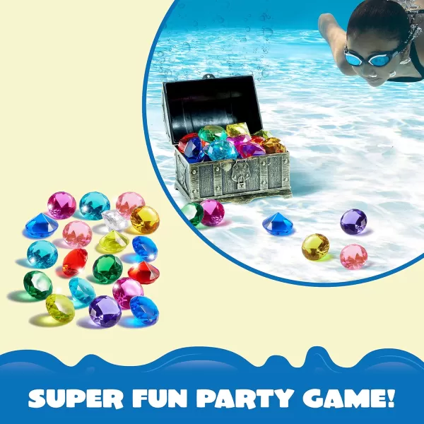 Sloosh Diving Gems Pool Toys 16 Big Colorful Diamond with Pirate Treasure Chest Swim Dive Toy for Kids Underwater Gemstone Swimming Training Gift Water Toys Pool GamesSilverGold
