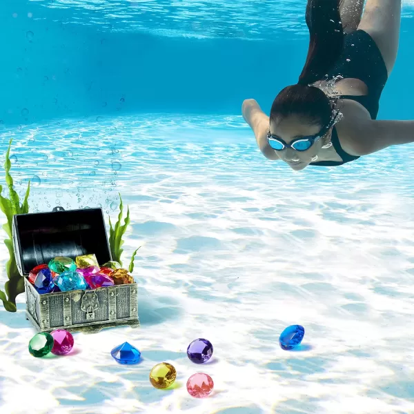 Sloosh Diving Gems Pool Toys 16 Big Colorful Diamond with Pirate Treasure Chest Swim Dive Toy for Kids Underwater Gemstone Swimming Training Gift Water Toys Pool GamesSilverGold