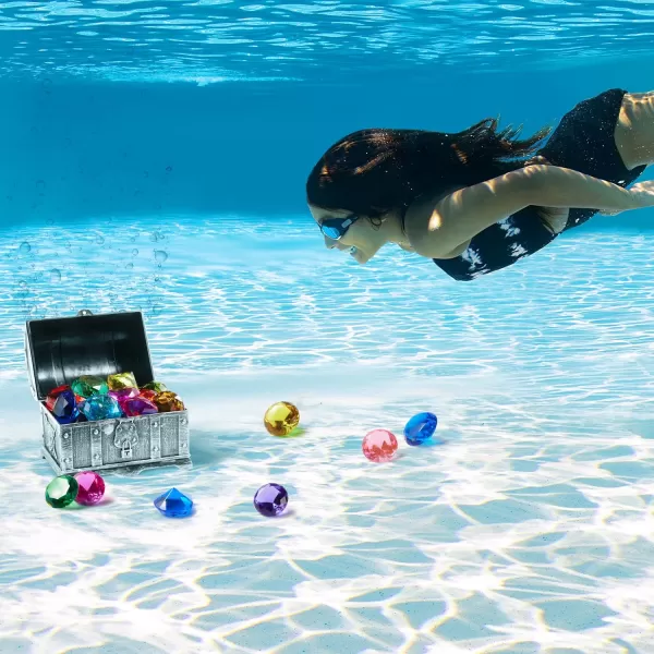 Sloosh Diving Gems Pool Toys 16 Big Colorful Diamond with Pirate Treasure Chest Swim Dive Toy for Kids Underwater Gemstone Swimming Training Gift Water Toys Pool GamesSilverSilver