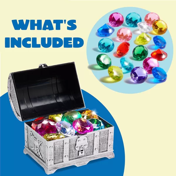 Sloosh Diving Gems Pool Toys 16 Big Colorful Diamond with Pirate Treasure Chest Swim Dive Toy for Kids Underwater Gemstone Swimming Training Gift Water Toys Pool GamesSilverSilver