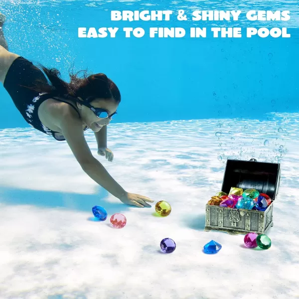 Sloosh Diving Gems Pool Toys 16 Big Colorful Diamond with Pirate Treasure Chest Swim Dive Toy for Kids Underwater Gemstone Swimming Training Gift Water Toys Pool GamesSilverGold
