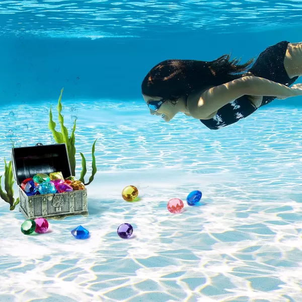 Sloosh Diving Gems Pool Toys 16 Big Colorful Diamond with Pirate Treasure Chest Swim Dive Toy for Kids Underwater Gemstone Swimming Training Gift Water Toys Pool GamesSilverGold
