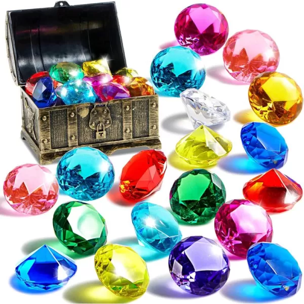 Sloosh Diving Gems Pool Toys 16 Big Colorful Diamond with Pirate Treasure Chest Swim Dive Toy for Kids Underwater Gemstone Swimming Training Gift Water Toys Pool GamesSilverGold