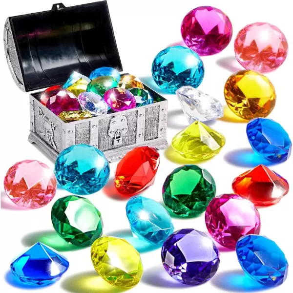 Sloosh Diving Gems Pool Toys 16 Big Colorful Diamond with Pirate Treasure Chest Swim Dive Toy for Kids Underwater Gemstone Swimming Training Gift Water Toys Pool GamesSilverSilver