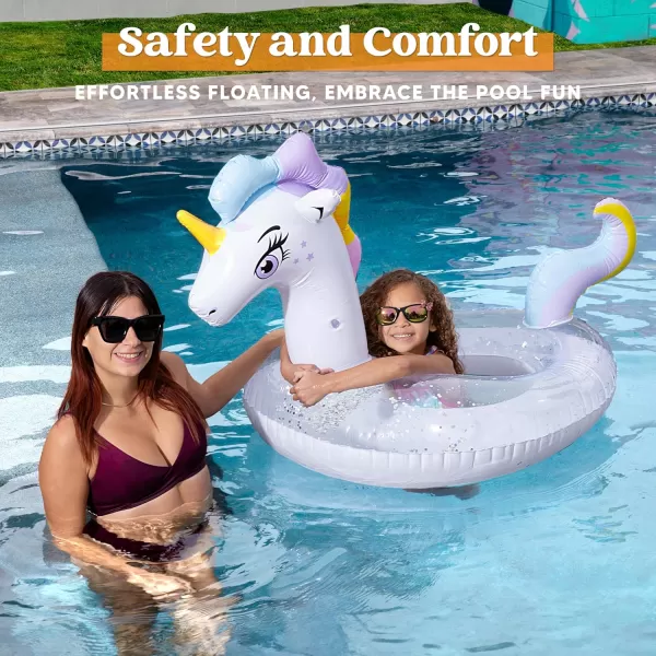 JOYIN Unicorn Pool Floats Kids  Inflatable Pool Tube Swim Ring Floaties with Glitter for Adults Kids Floating Fun Beach Lake Floaty Raft Summer Swimming Pool Toys Party Decorations Unicorn