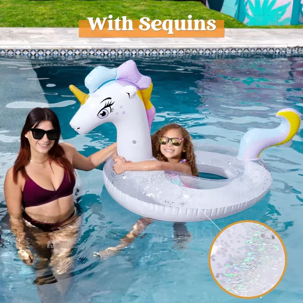JOYIN Unicorn Pool Floats Kids  Inflatable Pool Tube Swim Ring Floaties with Glitter for Adults Kids Floating Fun Beach Lake Floaty Raft Summer Swimming Pool Toys Party Decorations Unicorn
