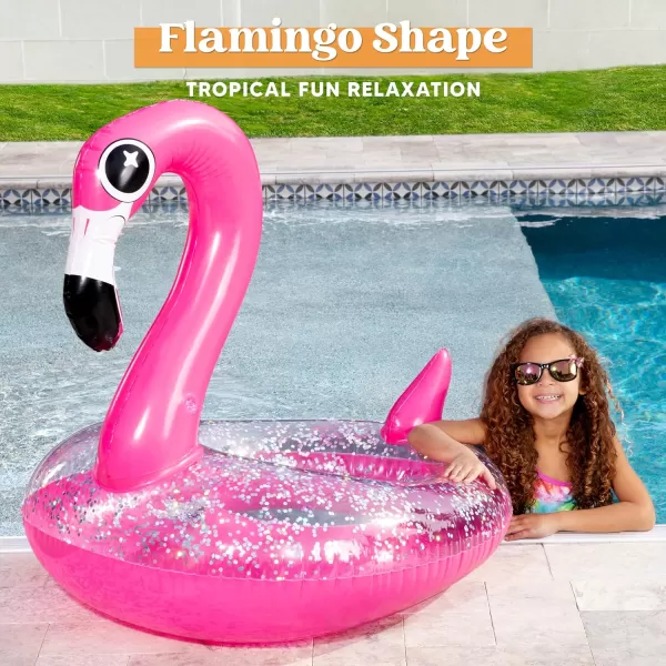 JOYIN Inflatable Flamingo Pool Floats  Flamingo Pool Tube Swim Ring Floaties with Glitter for Adults Kids Floating Fun Beach Lake Floaty Raft Summer Swimming Pool Toys Party Decorations Flamingo