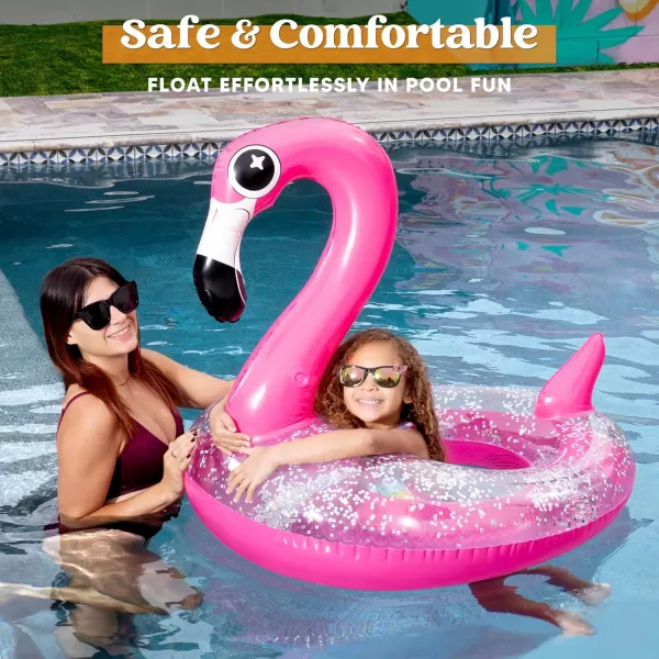 JOYIN Inflatable Flamingo Pool Floats  Flamingo Pool Tube Swim Ring Floaties with Glitter for Adults Kids Floating Fun Beach Lake Floaty Raft Summer Swimming Pool Toys Party Decorations Flamingo