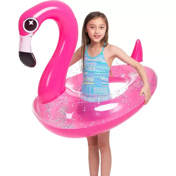 JOYIN Inflatable Flamingo Pool Floats  Flamingo Pool Tube Swim Ring Floaties with Glitter for Adults Kids Floating Fun Beach Lake Floaty Raft Summer Swimming Pool Toys Party Decorations Flamingo