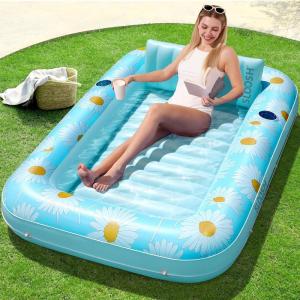 imageSLOOSH Inflatable Tanning Pool Lounger Float 70quot x 46quot Pool Floats Adult with Pillow 4 in 1 Suntan Tub Raft FloatieSunbathing Bed Lounge for Water Blow Up Ball Pit Party GiftsBlue Daisy