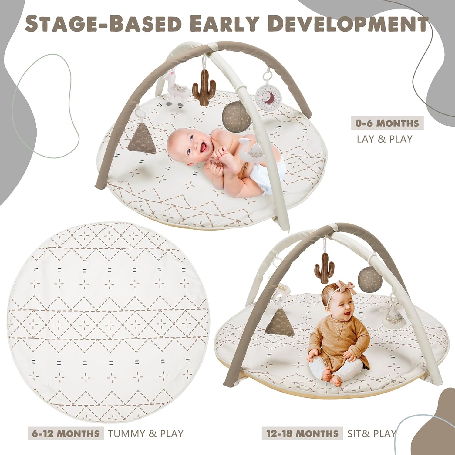 Tummy Time Mat with 6 Toys Macrame Baby Play Mat for Newborn Baby Gym with 12 Milestone Cards StageBased Sensory and Motor Skill Development Baby Play Gym Non Slip Mat Washable GreenKhaki
