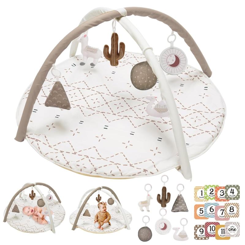 Tummy Time Mat with 6 Toys Macrame Baby Play Mat for Newborn Baby Gym with 12 Milestone Cards StageBased Sensory and Motor Skill Development Baby Play Gym Non Slip Mat Washable GreenKhaki