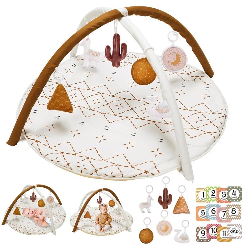 Tummy Time Mat with 6 Toys Macrame Baby Play Mat for Newborn Baby Gym with 12 Milestone Cards StageBased Sensory and Motor Skill Development Baby Play Gym Non Slip Mat Washable GreenMacrame