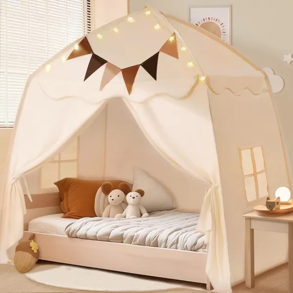 Extra Large Toddler Bed Tent ampamp Kids Play Tent Bed Tent with Flags ampamp Star Lights Portable ampamp Foldable Teepee Bed Canopy for Boys ampamp Girls Indoor Outdoor Dome Tent Playhouse 59x39x59 inGreenCream