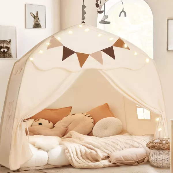 Extra Large Toddler Bed Tent ampamp Kids Play Tent Bed Tent with Flags ampamp Star Lights Portable ampamp Foldable Teepee Bed Canopy for Boys ampamp Girls Indoor Outdoor Dome Tent Playhouse 59x39x59 inGreenCream