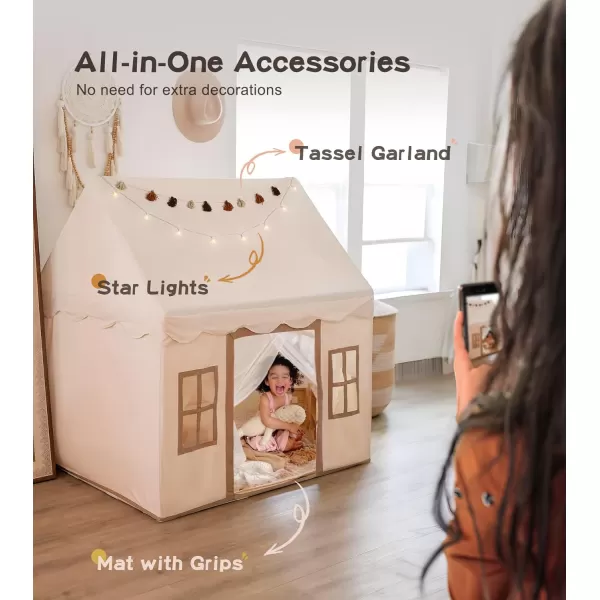 Large Kids Tent with mat Star Lights Tissue Garland Play Tent Indoor ampamp Outdoor Kids Play Tent for Girl ampamp Boy Aged 3 Kids Tent for Toddler 52quot x35quot x 52quot Play House with Windows WashablePlay Tent Cream