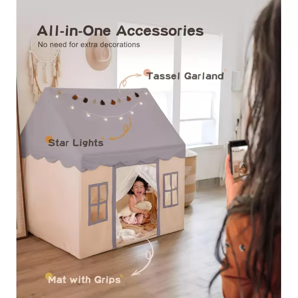 Large Kids Tent with mat Star Lights Tissue Garland Play Tent Indoor ampamp Outdoor Kids Play Tent for Girl ampamp Boy Aged 3 Kids Tent for Toddler 52quot x35quot x 52quot Play House with Windows WashableGrey Play Tent