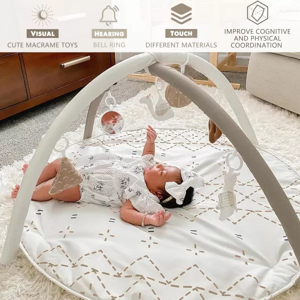 Tummy Time Mat with 6 Toys Macrame Baby Play Mat for Newborn Baby Gym with 12 Milestone Cards StageBased Sensory and Motor Skill Development Baby Play Gym Non Slip Mat Washable GreenKhaki