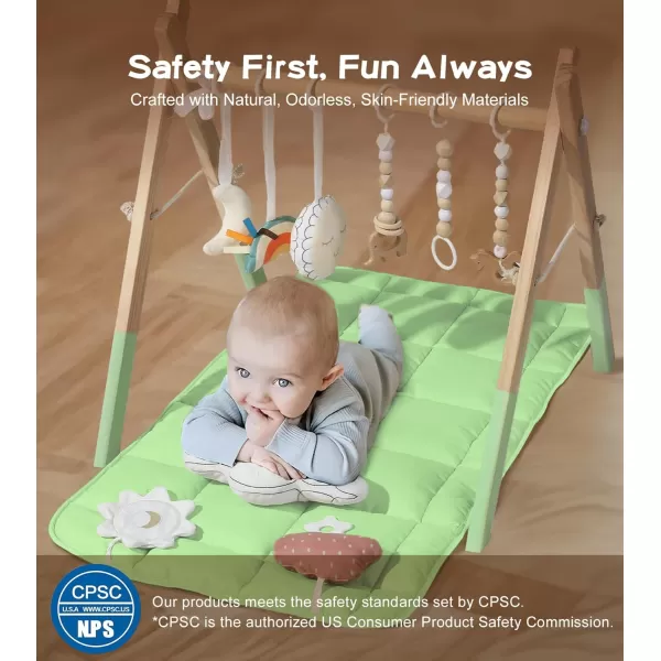 little dove Baby Play Gym Wooden Baby Gym with 6 Toys Foldable Play Gym Frame Activity Gym Hanging Bar Baby Toy Natural Wood Play Gym Baby Exercise Activity Gym Hanging Bar Newborn Baby GiftGreen Baby Gym With Mat
