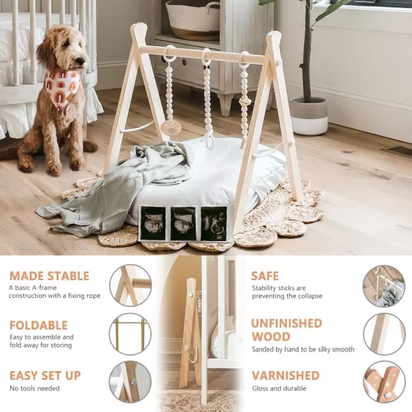 little dove Baby Play Gym Wooden Baby Gym with 6 Toys Foldable Play Gym Frame Activity Gym Hanging Bar Baby Toy Natural Wood Play Gym Baby Exercise Activity Gym Hanging Bar Newborn Baby GiftWood Baby Gym