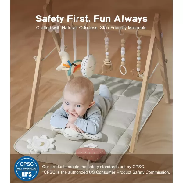 little dove Baby Play Gym Wooden Baby Gym with 6 Toys Foldable Play Gym Frame Activity Gym Hanging Bar Baby Toy Natural Wood Play Gym Baby Exercise Activity Gym Hanging Bar Newborn Baby GiftWooden Baby Gym With Mat