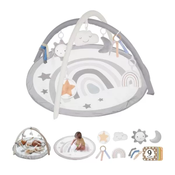 Baby Play Gym Mat Tummy Time Activity Mat with 7 Detachable Toys and 12 Milestone Cards for StageBased Sensory and Motor Skill Development Washable Play Mats for Infant Newborn Baby EssentialsNeutral Grey