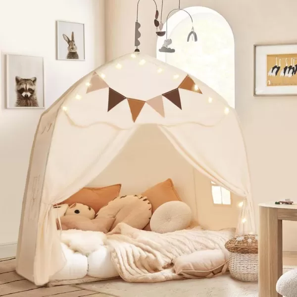 Extra Large Toddler Bed Tent ampamp Kids Play Tent Bed Tent with Flags ampamp Star Lights Portable ampamp Foldable Teepee Bed Canopy for Boys ampamp Girls Indoor Outdoor Dome Tent Playhouse 59x39x59 inGreenCream
