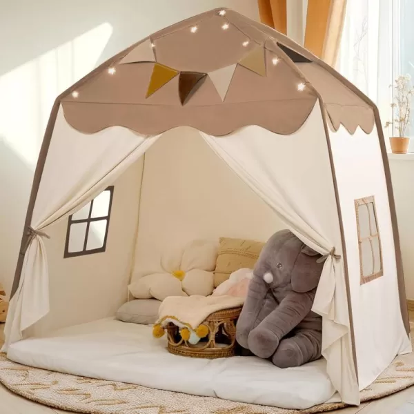 Extra Large Toddler Bed Tent ampamp Kids Play Tent Bed Tent with Flags ampamp Star Lights Portable ampamp Foldable Teepee Bed Canopy for Boys ampamp Girls Indoor Outdoor Dome Tent Playhouse 59x39x59 inGreenBrown
