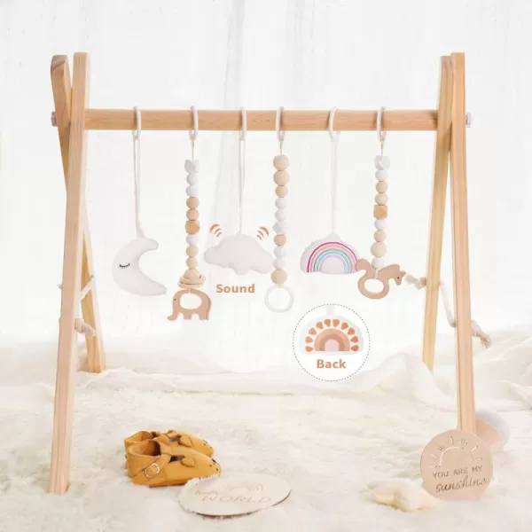 little dove Baby Play Gym Wooden Baby Gym with 6 Toys Foldable Play Gym Frame Activity Gym Hanging Bar Baby Toy Natural Wood Play Gym Baby Exercise Activity Gym Hanging Bar Newborn Baby GiftWood Baby Gym
