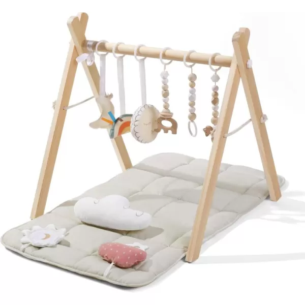 little dove Baby Play Gym Wooden Baby Gym with 6 Toys Foldable Play Gym Frame Activity Gym Hanging Bar Baby Toy Natural Wood Play Gym Baby Exercise Activity Gym Hanging Bar Newborn Baby GiftWooden Baby Gym With Mat