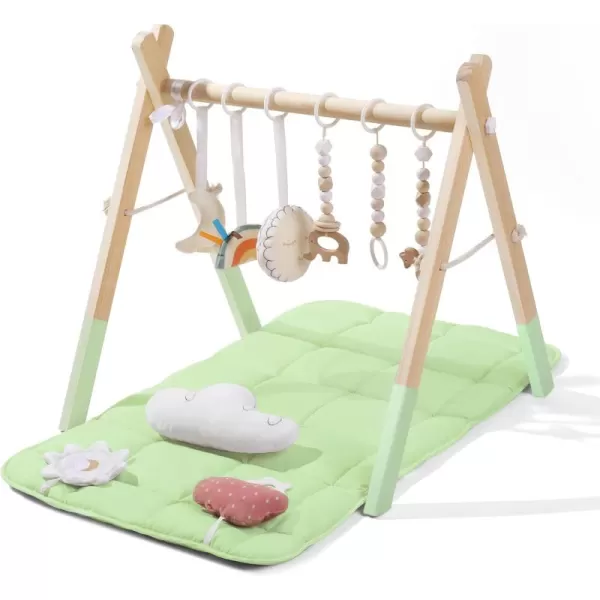 little dove Baby Play Gym Wooden Baby Gym with 6 Toys Foldable Play Gym Frame Activity Gym Hanging Bar Baby Toy Natural Wood Play Gym Baby Exercise Activity Gym Hanging Bar Newborn Baby GiftGreen Baby Gym With Mat