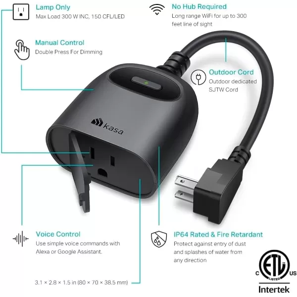 Kasa Outdoor Smart Dimmer Plug IP64 Plug in Dimmer for Outdoor String Lights Compatible with Alexa Google Assistant ampamp SmartThings Long WiFi Range 24Ghz No Hub Required ETL CertifiedKP405Dimmer 1Socket