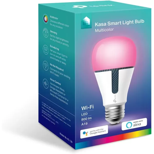 Kasa Smart Bulb 850 Lumens Full Color Changing Dimmable WiFi LED Light Bulb Compatible with Alexa and Google Home A19 95W24Ghz only No Hub Required 1PackKL130
