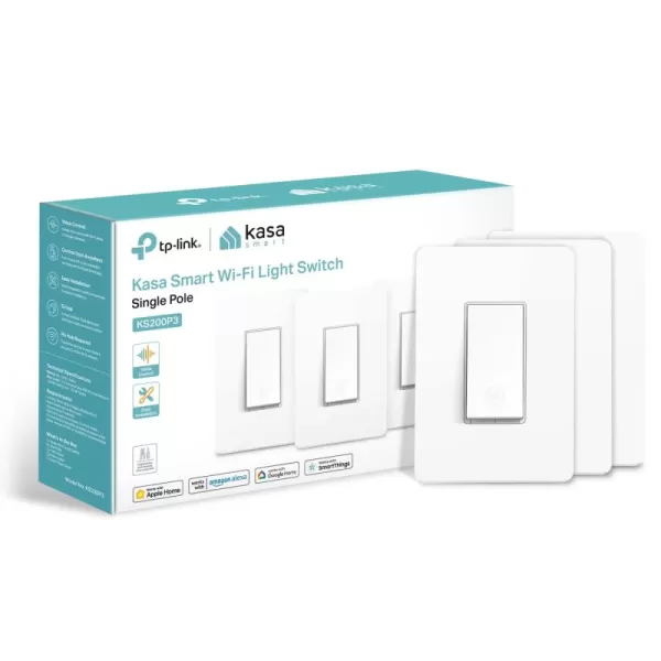Kasa Apple HomeKit Smart Light Switch KS200P3 Single Pole Neutral Wire Required 24GHz WiFi Light Switch Works with Siri Alexa and Google Home UL Certified No Hub Required White 3PackWhite