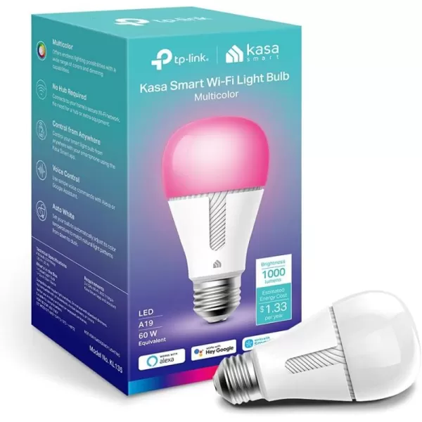 Kasa Smart Light Bulbs 1000 Lumens High Brightness 16M Color Changing Dimmable Smart WiFi Light Bulb Compatible with Alexa and Google Home A19 24GHz WiFi only No Hub Required KL1354Pack1000 Lumens  1Pack