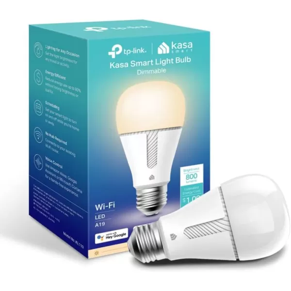 Kasa Smart Light Bulbs that works with Alexa and Google Home Dimmable Smart LED Bulb A19 9W 800Lumens Soft White2700K CRI90 WiFi 24Ghz only No Hub Required 4 Count Pack of 1KL110P4White Newer Version