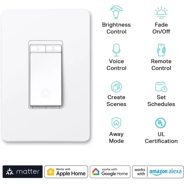 Kasa Matter Smart Dimmer Switch Voice Control wSiri Alexa ampamp Google Assistant  UL Certified  Timer ampamp Schedule  Easy Guided Install  Neutral Wire Required  Single Pole  24GHz WiFi  KS225