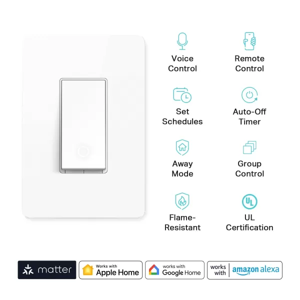 Kasa Matter Smart Light Switch Voice Control wSiri Alexa ampamp Google Assistant UL Certified Timer ampamp Schedule Easy Guided Install Neutral Wire Required Single Pole 24GHz WiFi 3PackWhite  Light Switch