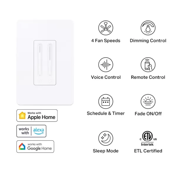 Kasa Smart Ceiling Fan Control ampamp Dimmer Switch  Adjustable 4Speed Fan ampamp Brightness Control  Works wApple HomeKit Alexa ampamp Google Home  24G WiFi Only Single Pole Neutral Wire Required  KS240White