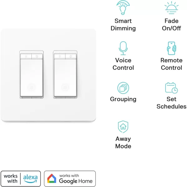 Kasa Smart Dimmer Switch 2Gang HS2202 Single Pole Needs Neutral Wire 24GHz WiFi Light Switch Compatible with Alexa and Google Home UL Certified No Hub Required WhiteDimmer Switch