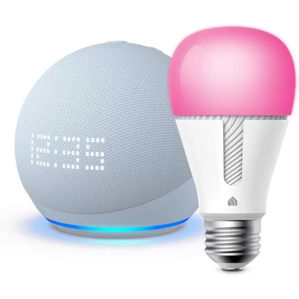 Echo Dot 5th Gen 2022 release with Clock in Cloud Blue bundle with TPLink Kasa Smart Color Bulb