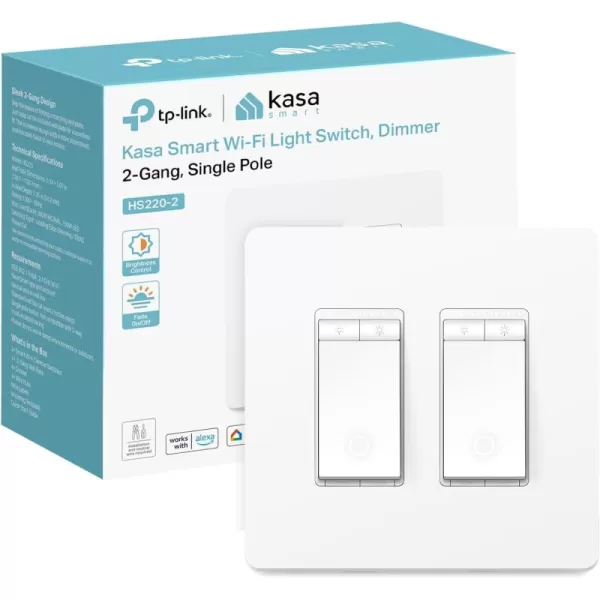 Kasa Smart Dimmer Switch 2Gang HS2202 Single Pole Needs Neutral Wire 24GHz WiFi Light Switch Compatible with Alexa and Google Home UL Certified No Hub Required WhiteDimmer Switch