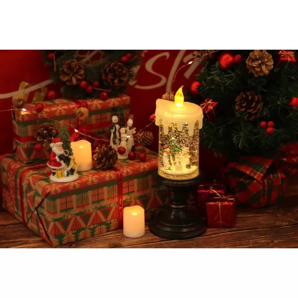 Eldnacele Battery Operated Lighted Flameless Candles Christmas Snow Globe Candle Light Swirling Water Glittering Spinning Candles for Home DecorationSantaSnowman