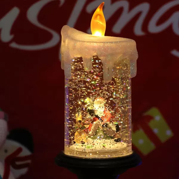 Eldnacele Battery Operated Lighted Flameless Candles Christmas Snow Globe Candle Light Swirling Water Glittering Spinning Candles for Home DecorationSantaSanta Claus