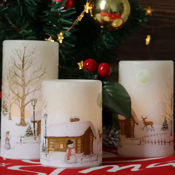 Eldnacele Flameless Flickering Candles Deer Moose Bear Decal with Hemp Rope and 6H Timer Battery Operated LED Pillar Candles Real Wax Home Dcor Christmas and Gift Set of 3Snowman