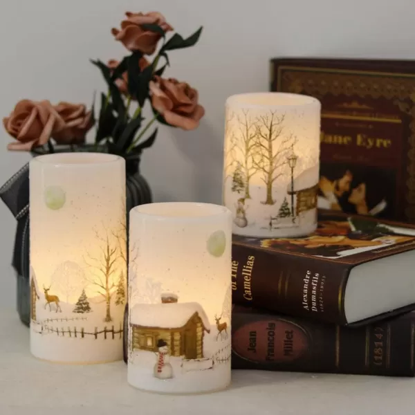 Eldnacele Flameless Flickering Candles Deer Moose Bear Decal with Hemp Rope and 6H Timer Battery Operated LED Pillar Candles Real Wax Home Dcor Christmas and Gift Set of 3Snowman